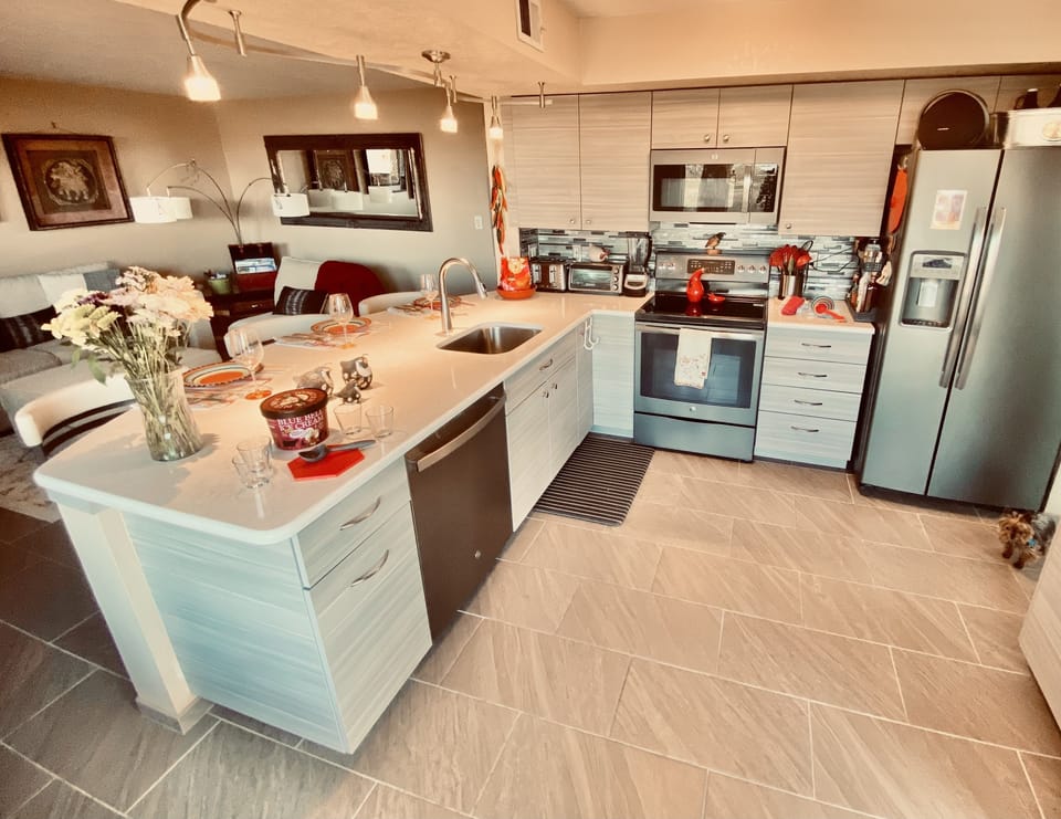 Full size GE Stainless steel appliances, quartz countertop