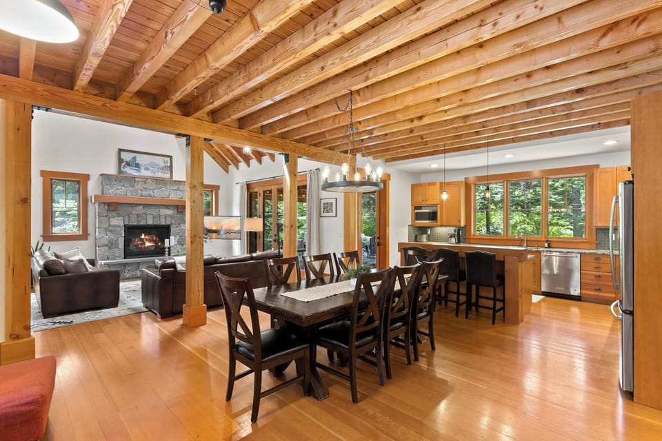 overview of dining room, kitchen, great room