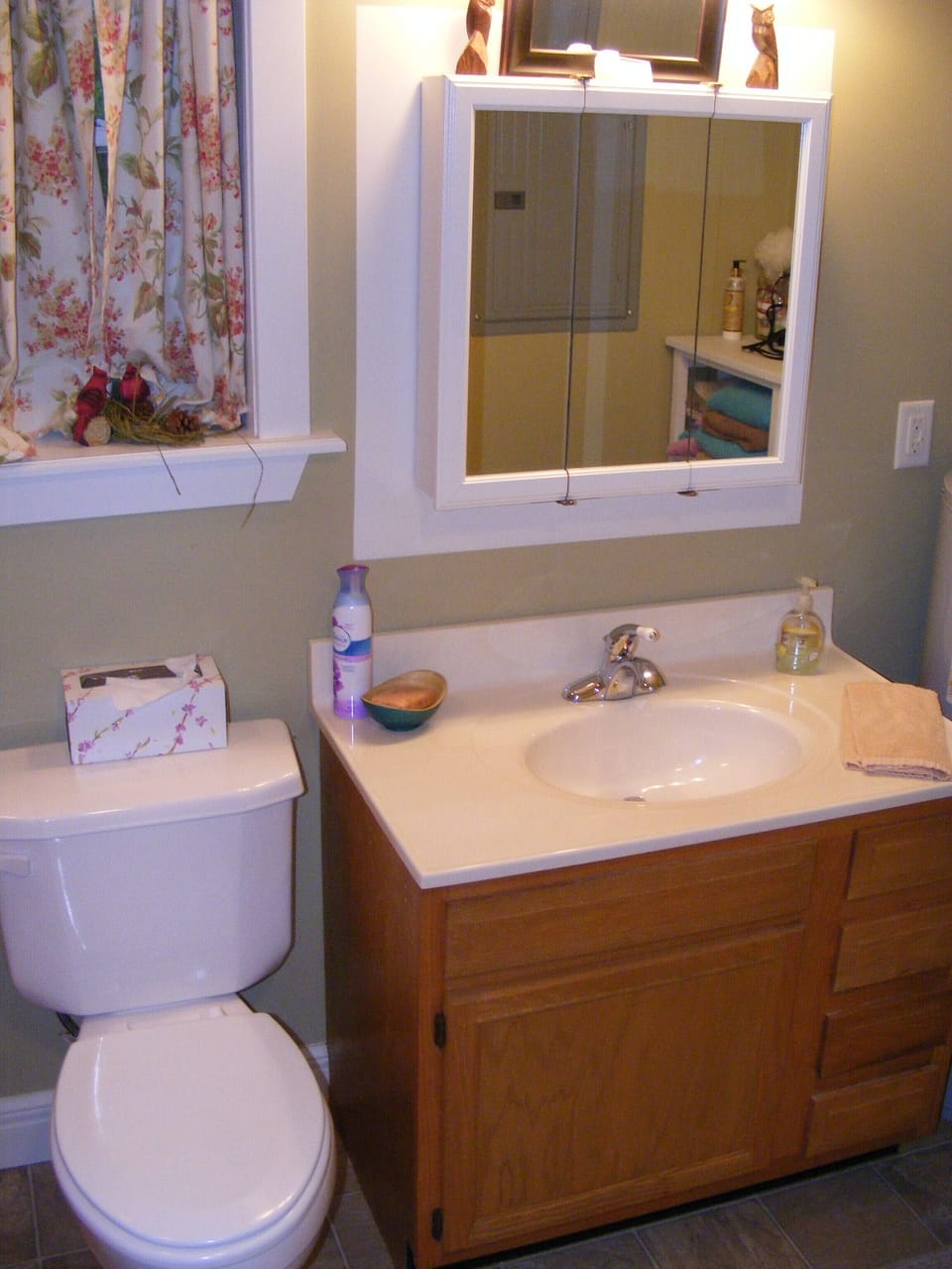 Fully stocked vanity and bathroom with handicap height toilet.