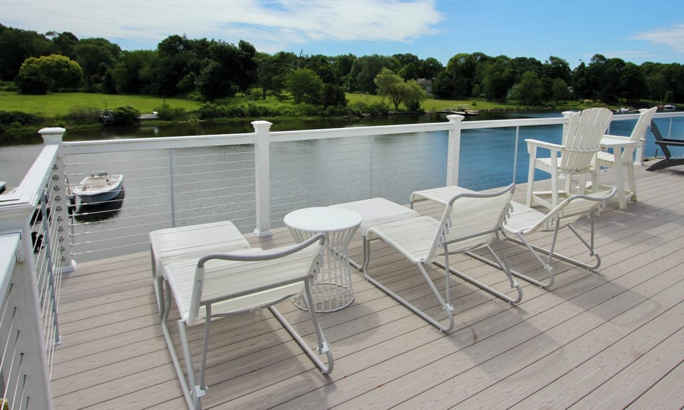 Left: Chaise lounges for sun bathing. Right: captains chairs for evening wine.