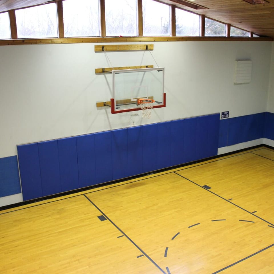 Indoor Basketball Court 50 X 30 Wood Floor with sleepers and glass backboard