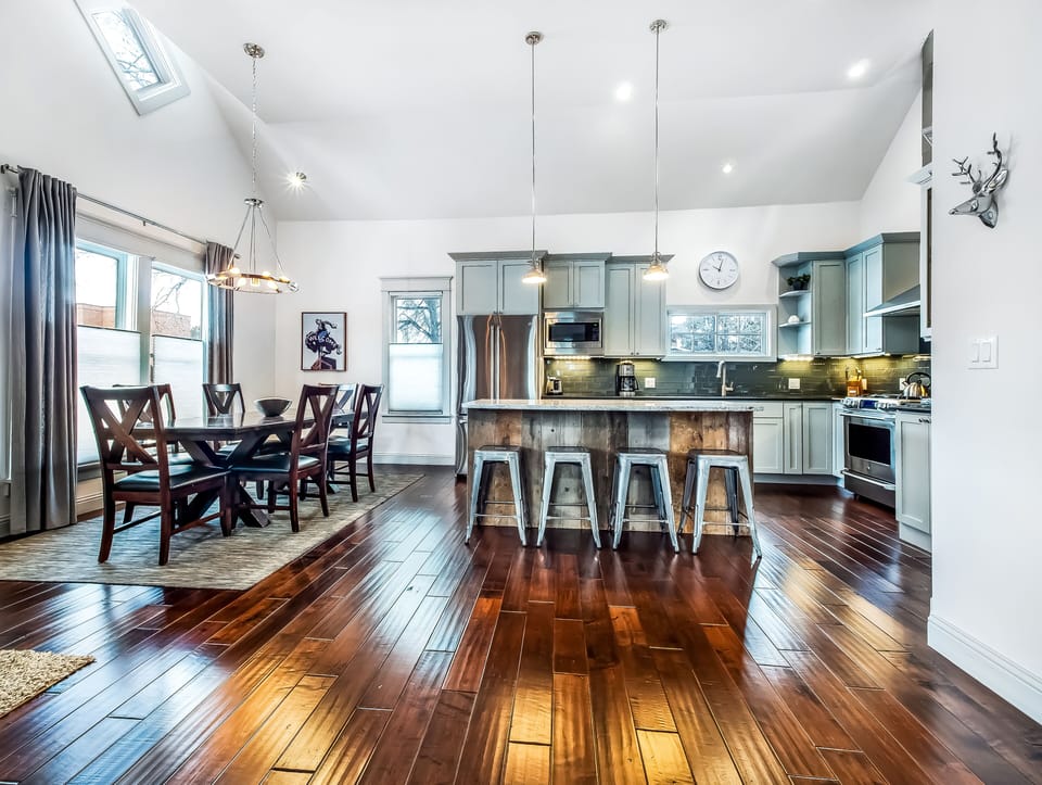 Kitchen and dining space, with great daylight.
