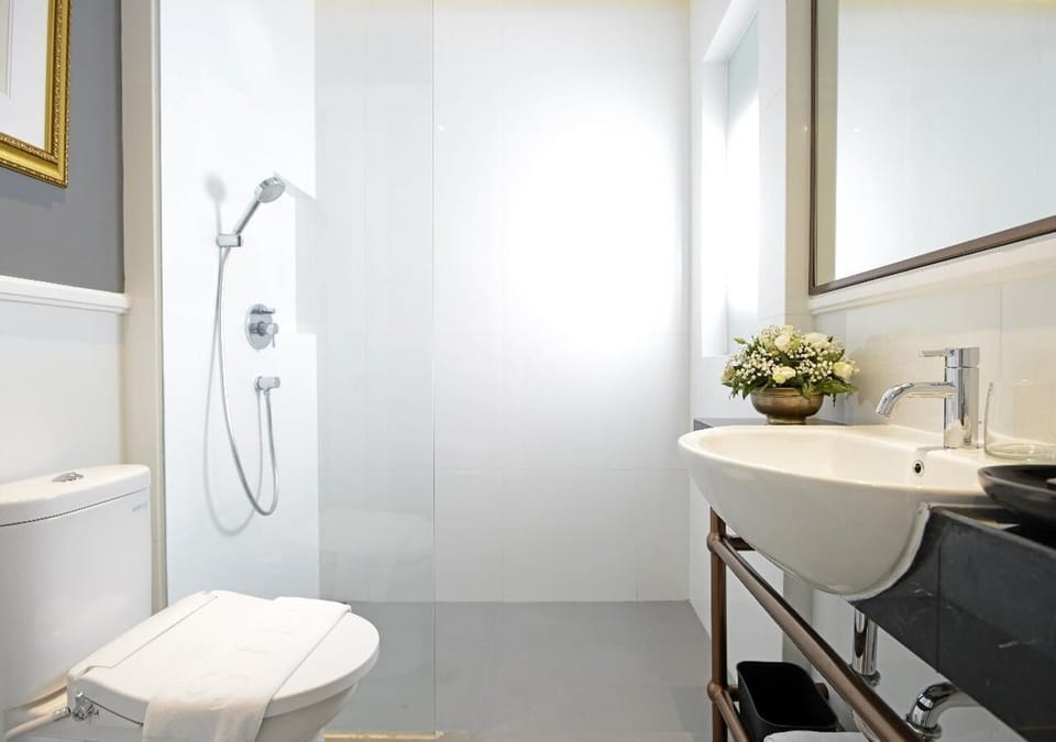 Shower, free toiletries, hair dryer, slippers