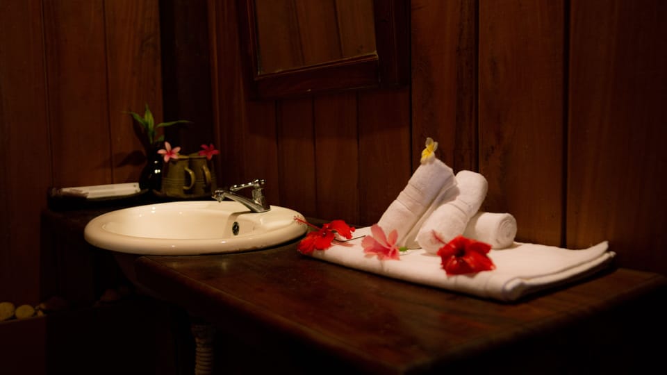 Shower, free toiletries, slippers, towels