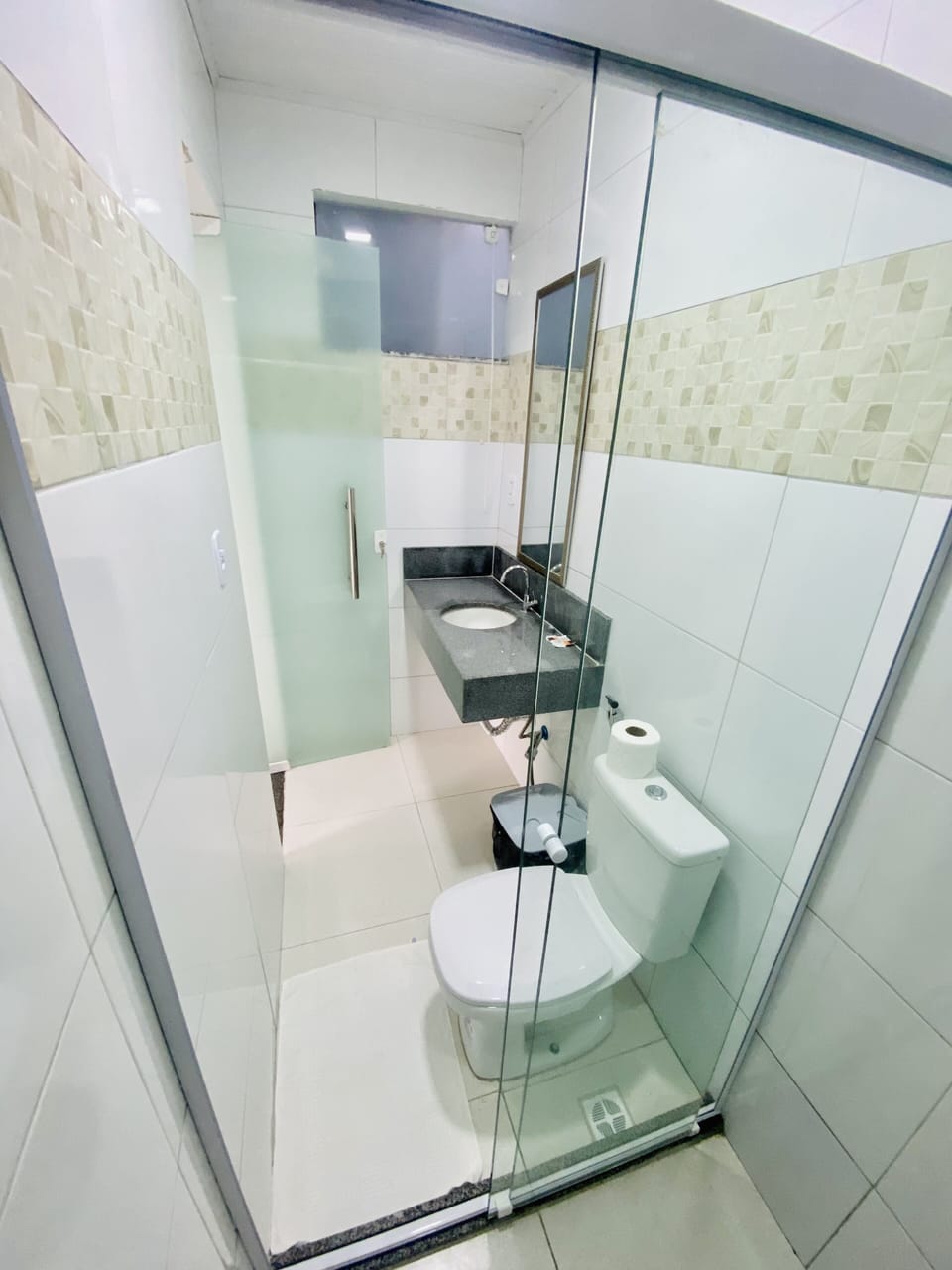 Shower, free toiletries, towels, soap