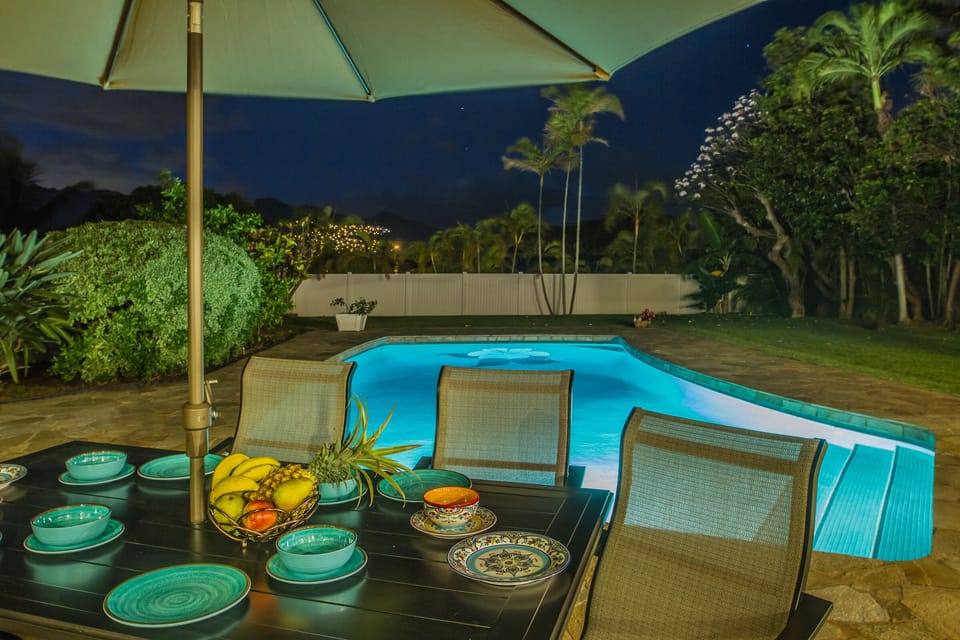 Outdoor pool in  moonlight 