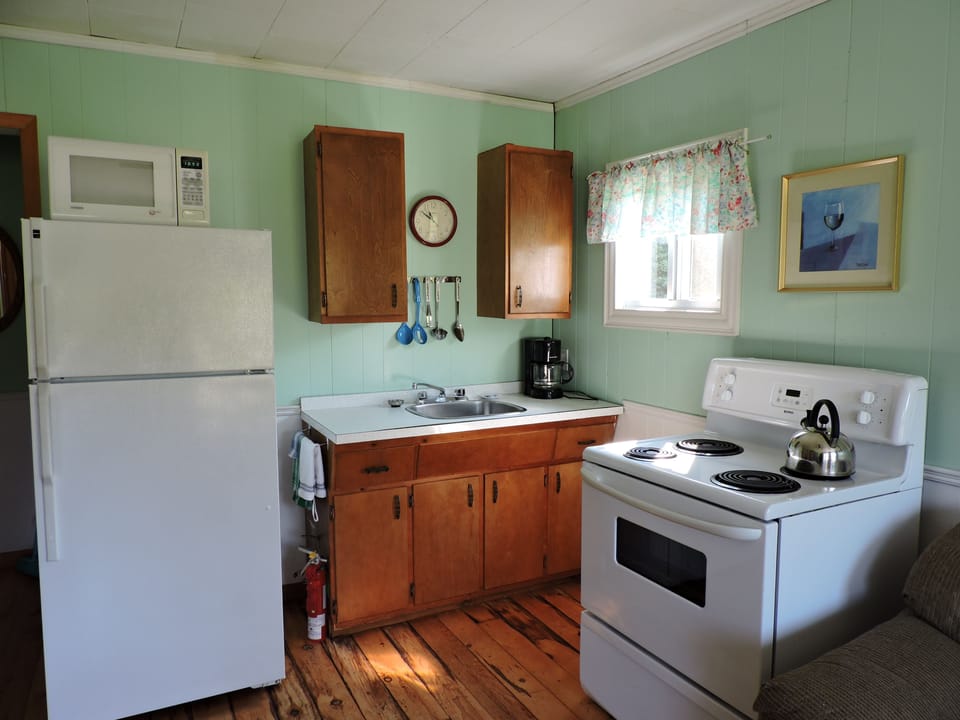 Full-size fridge, microwave, oven, coffee/tea maker
