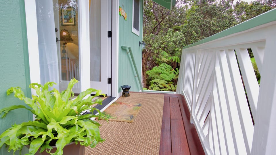 Private Lanai entrance with plants and lanterns.
