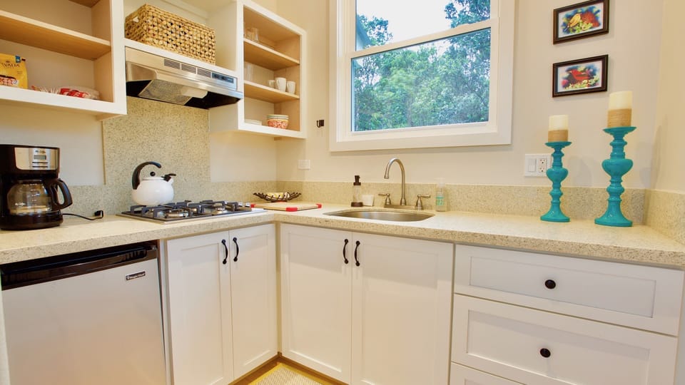 Well appointed kitchen with gas stove, fridge, full-sized sink.