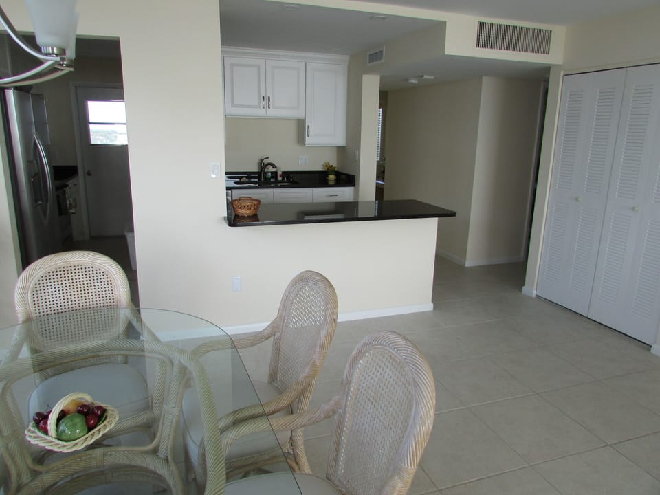 New black granite island between the kitchen and dining area.