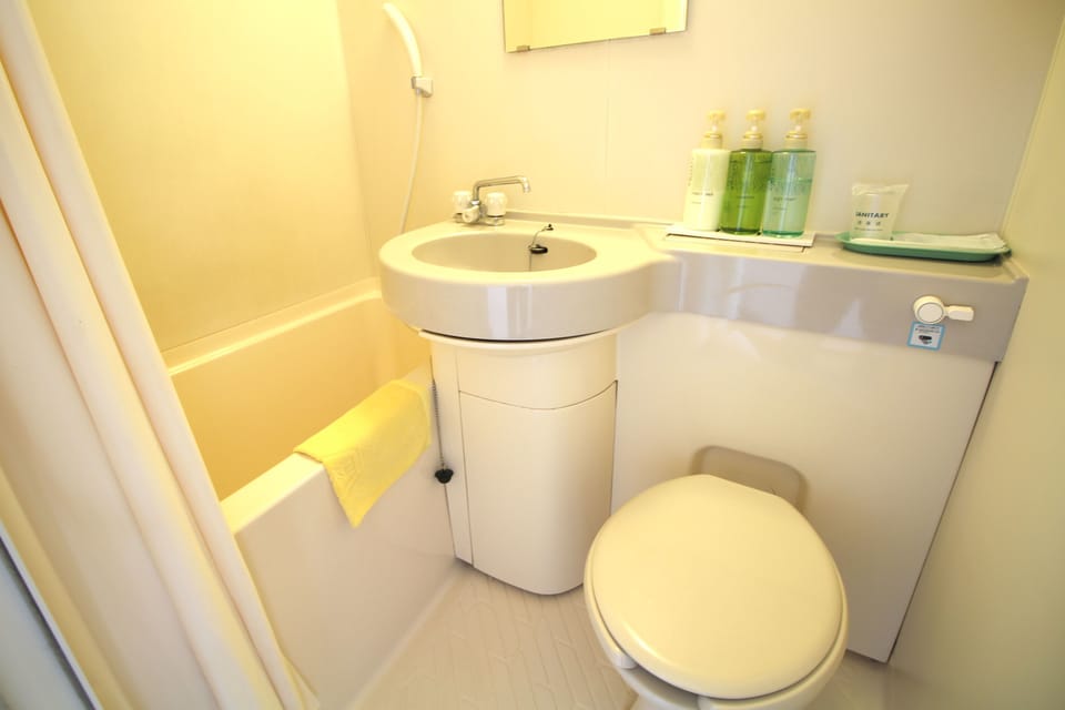 Combined shower/tub, deep soaking tub, free toiletries, hair dryer