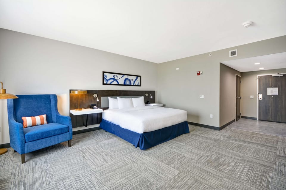 Hypo-allergenic bedding, desk, laptop workspace, blackout drapes
