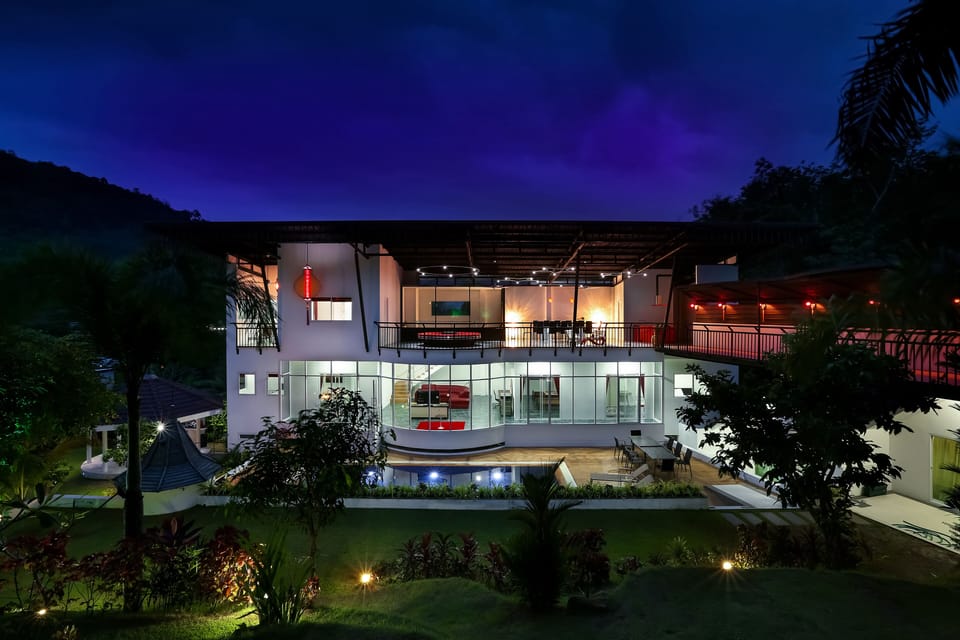 Villa at night.