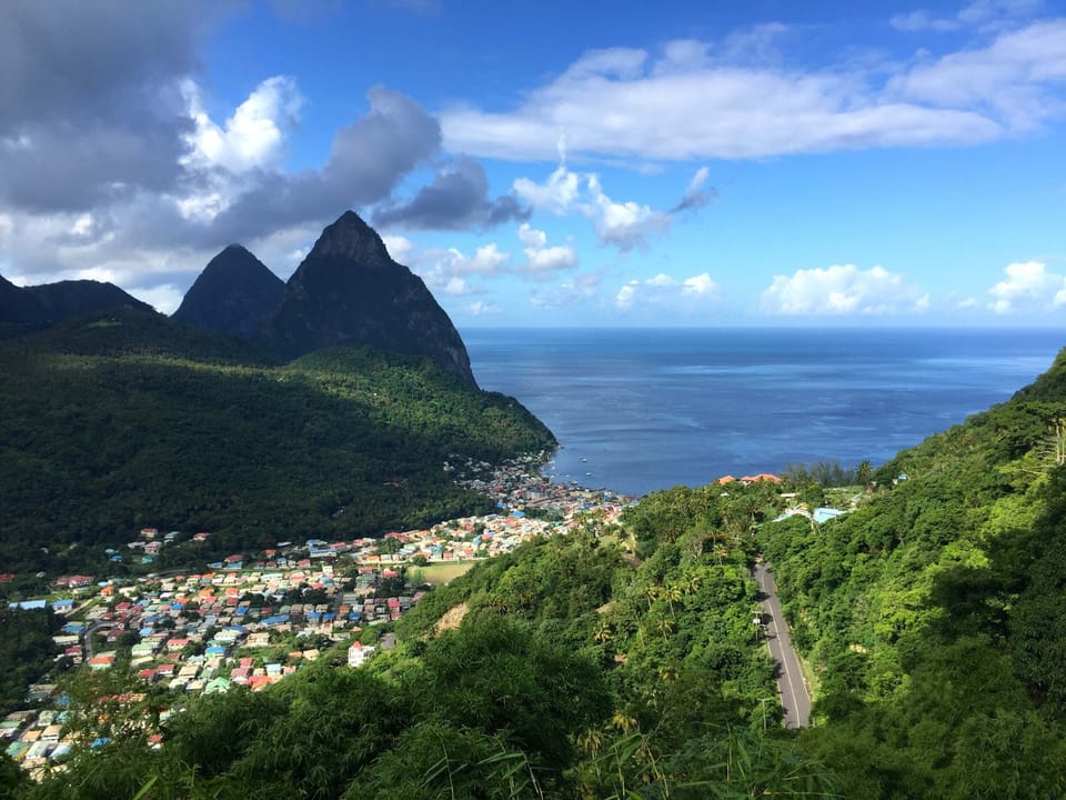 The majestic Pitons and view of Soufriere