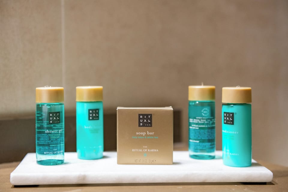 Hair dryer, towels, soap, shampoo