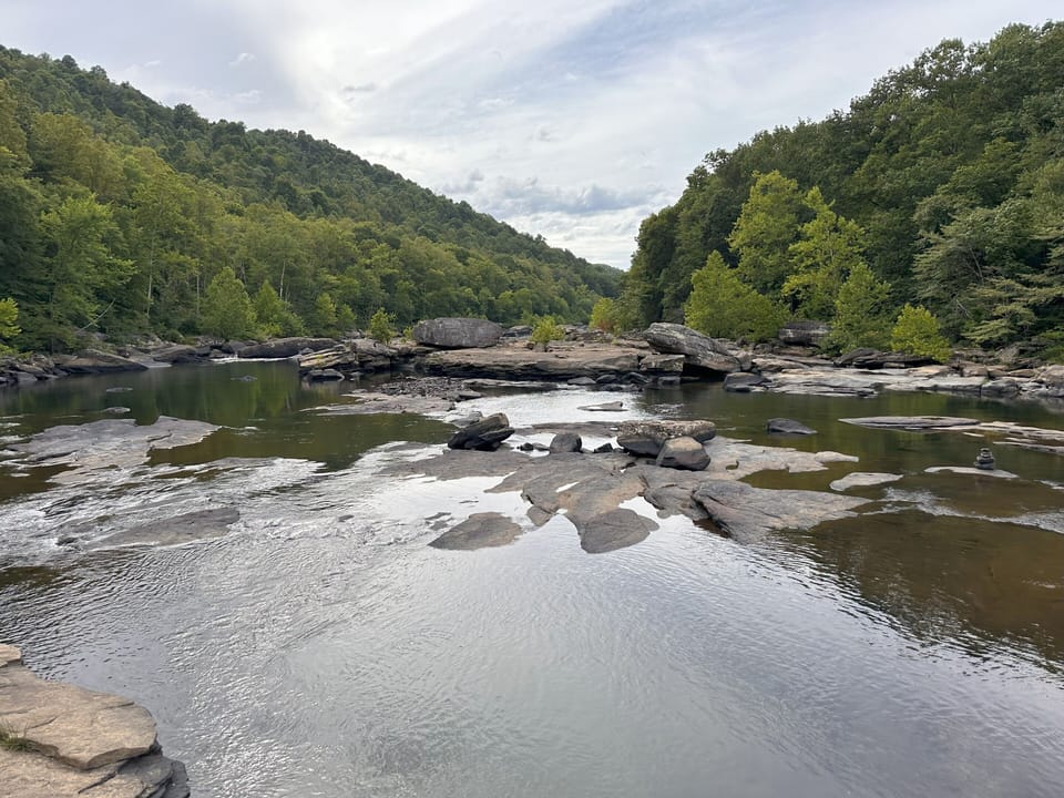 View looking downstream from the guest house. Changes with water fluctuations.