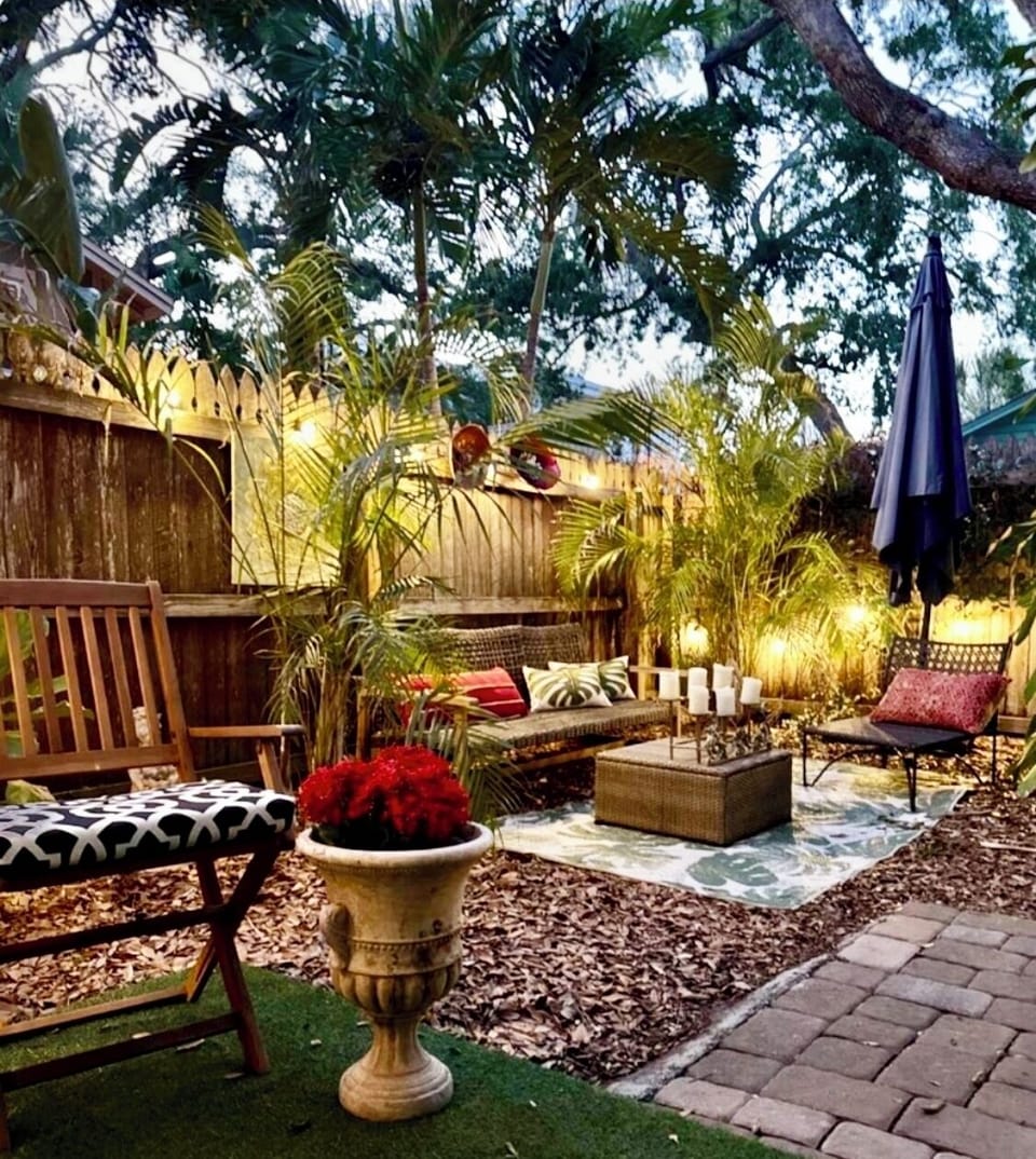 Completely fenced private guest backyard