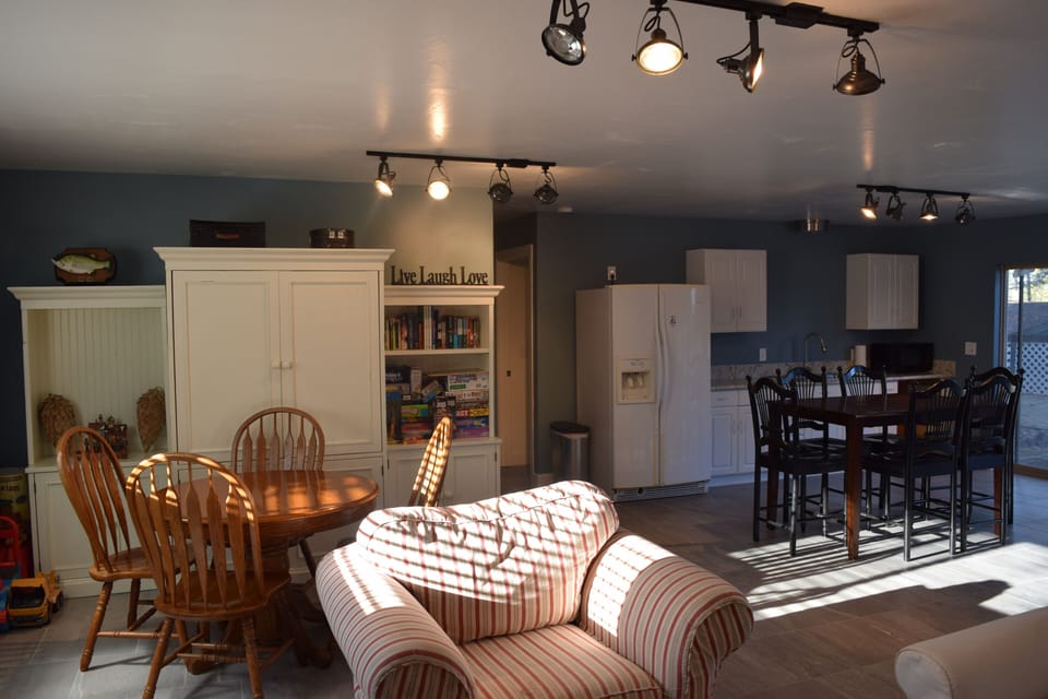Downstairs Hangout Room with board games, books, and cable TV provided