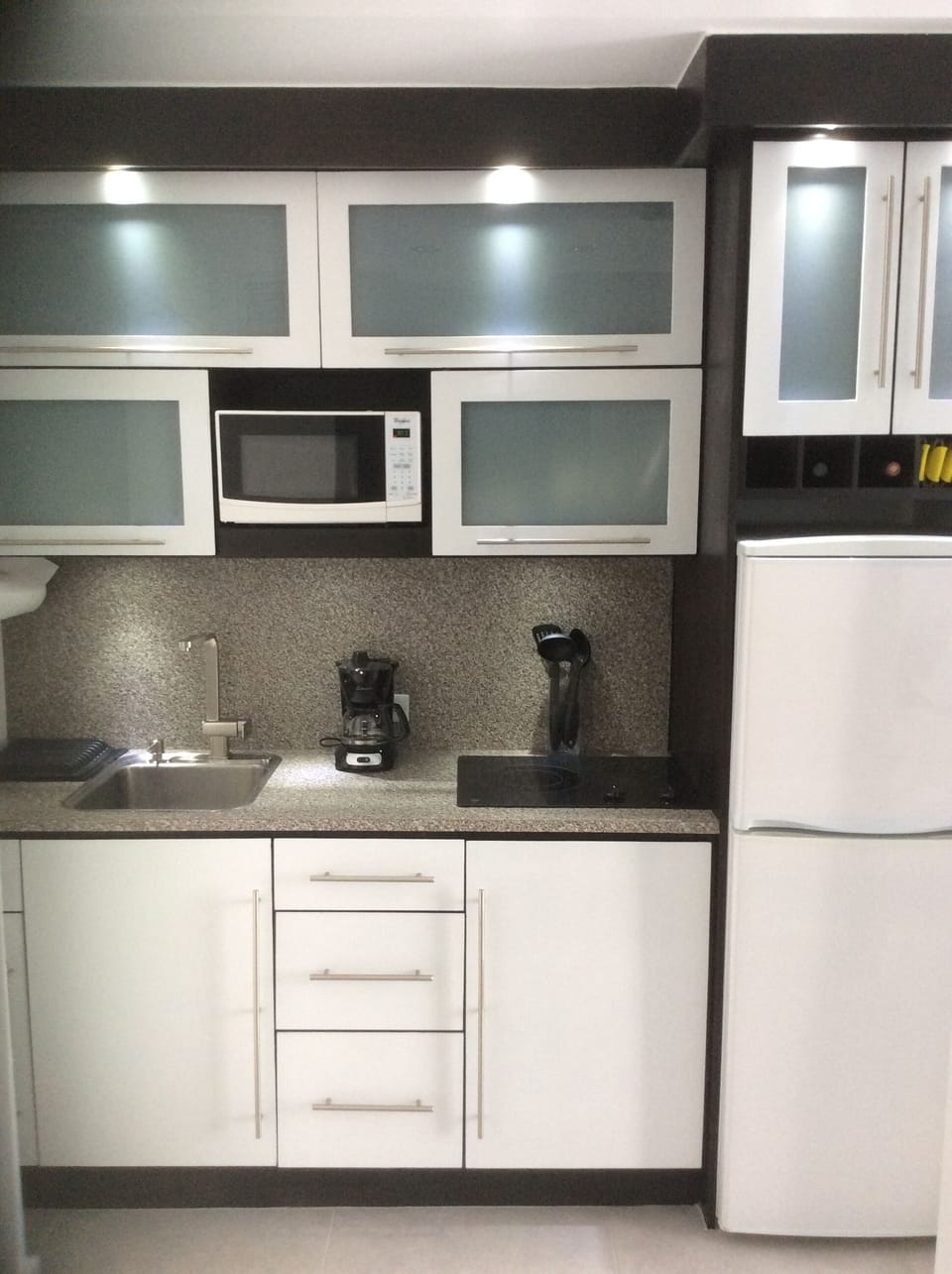 Countertop stove with 3 burners, microwate & mid-size fridge