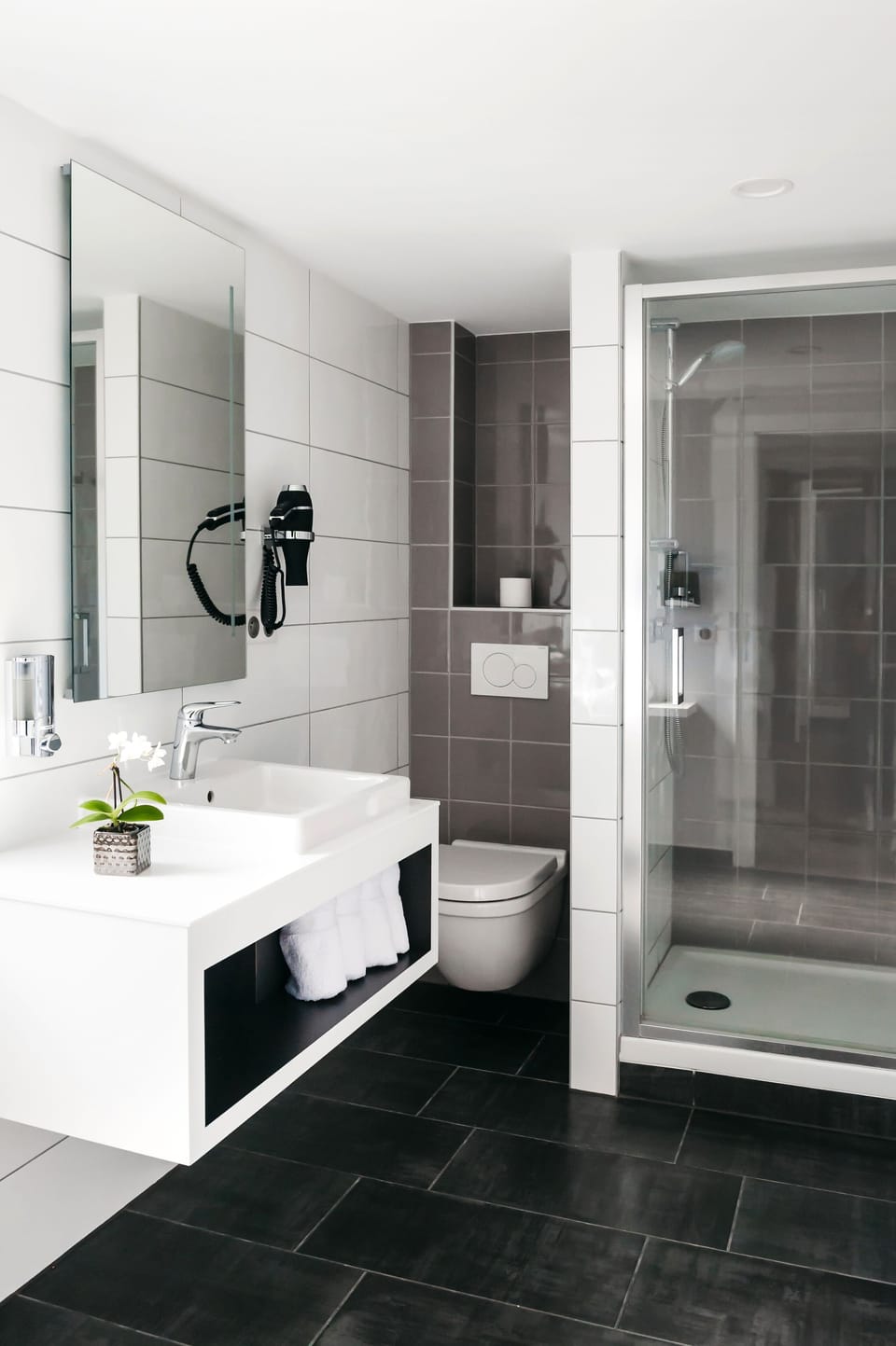 Shower, free toiletries, hair dryer, towels