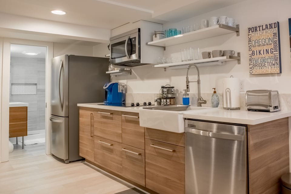 Fully stocked Chef's kitchen.