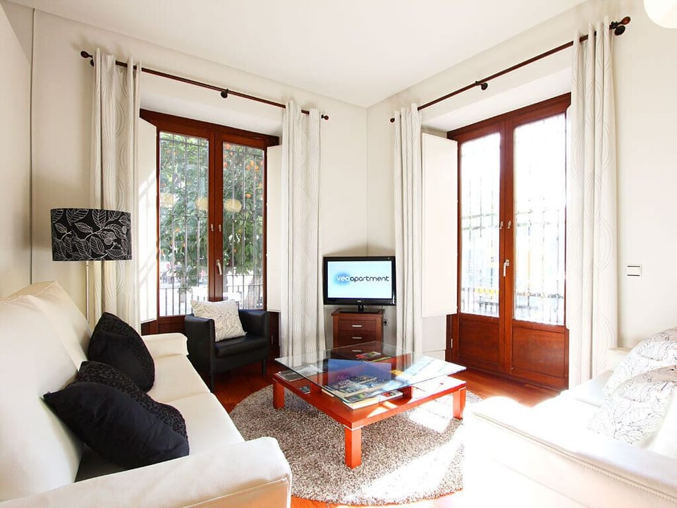 Living area with 2 sofas, armchair, central table and TV - veoapartment
