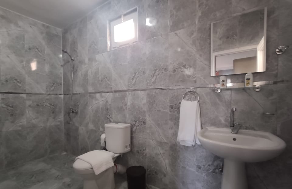 Shower, hair dryer, towels, toilet paper