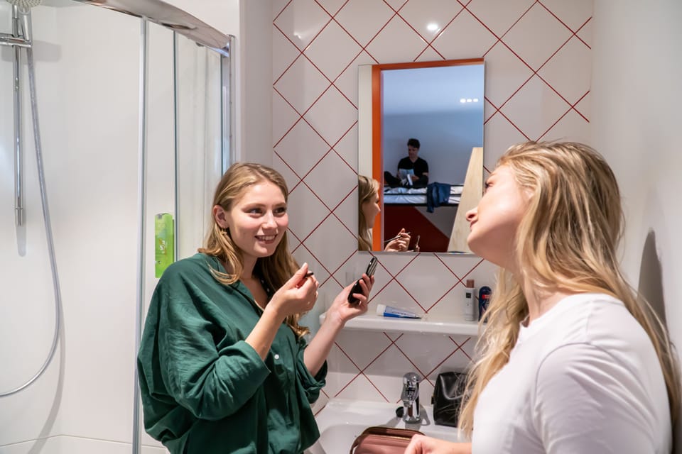 Shower, hair dryer, soap, shampoo