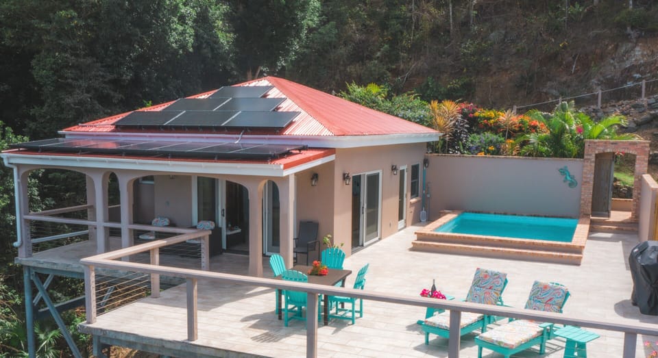 Roomy deck, with partial covered deck. Solar panels for continued power. 