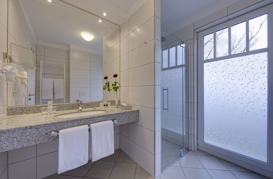 Hair dryer, towels, soap, shampoo