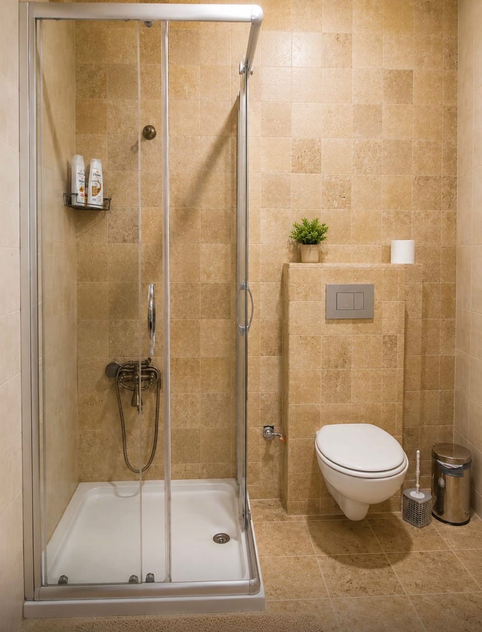 Shower, free toiletries, hair dryer, slippers
