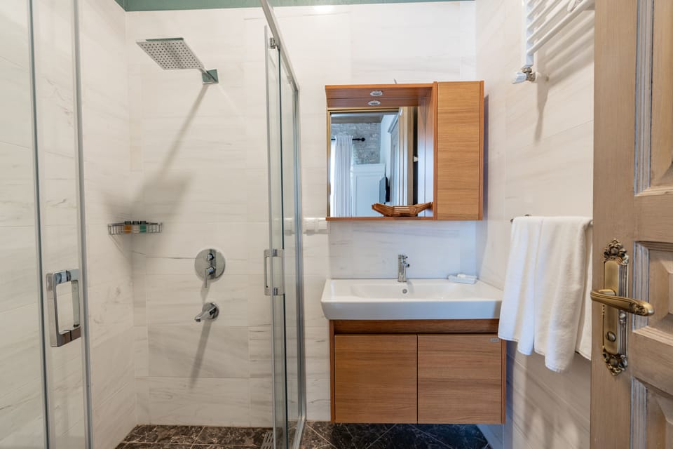 Shower, free toiletries, hair dryer, slippers