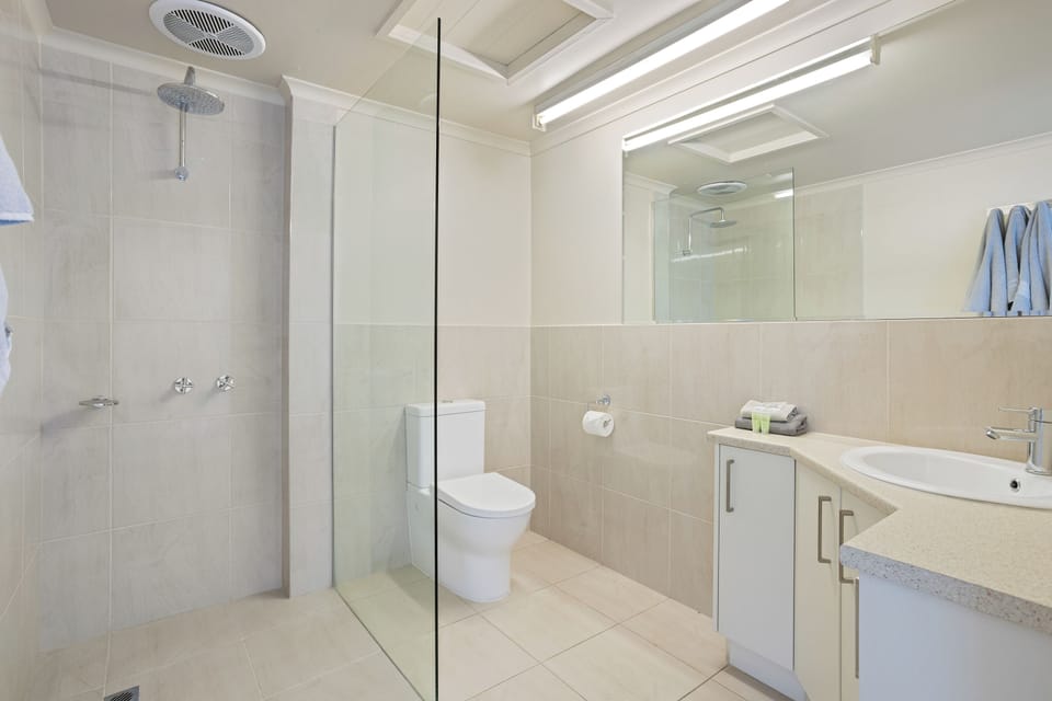 Shower, free toiletries, hair dryer, towels