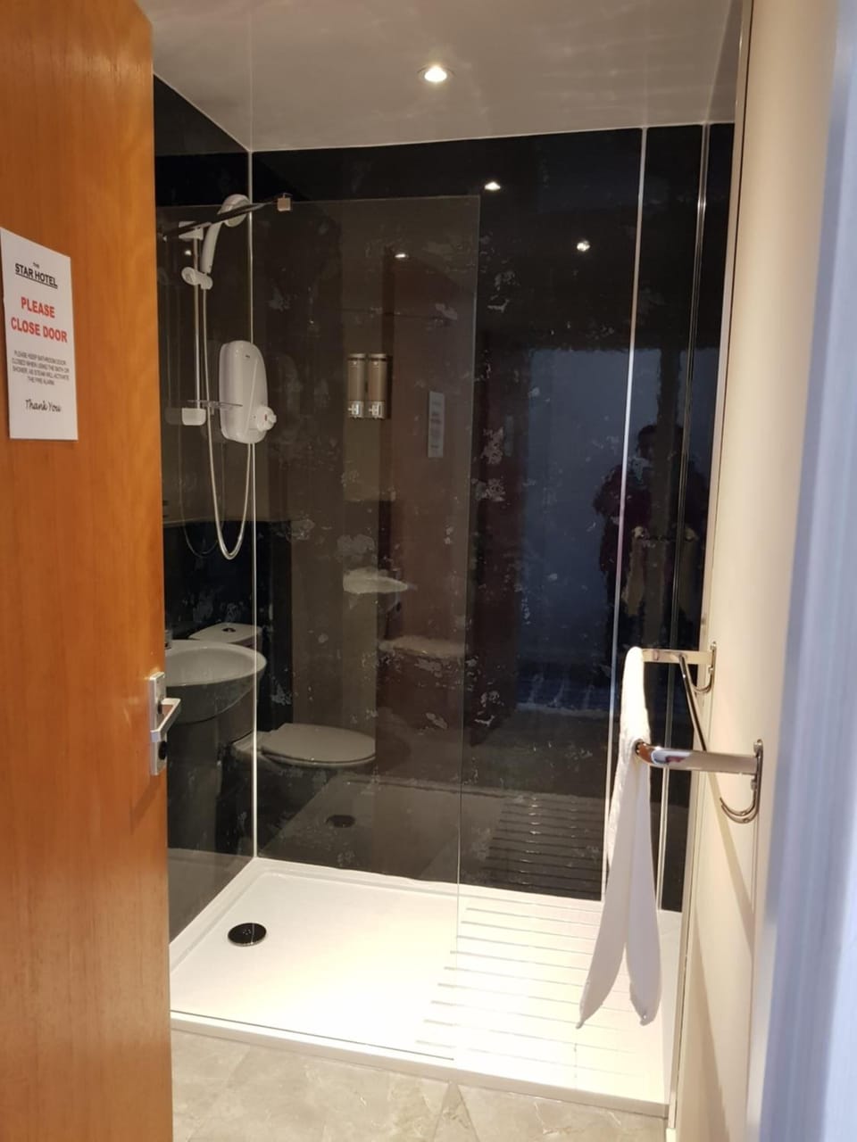 Shower, free toiletries, hair dryer, towels