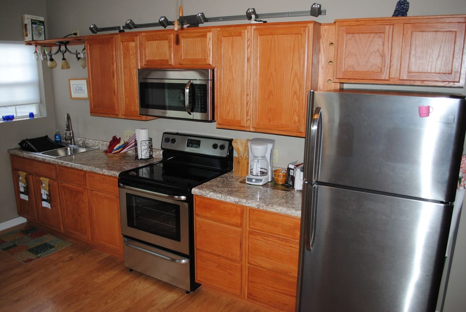 Fully stocked kitchen.