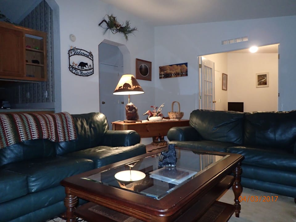 View from living room towards den, left hall leads to 2nd bath & back bedroom.