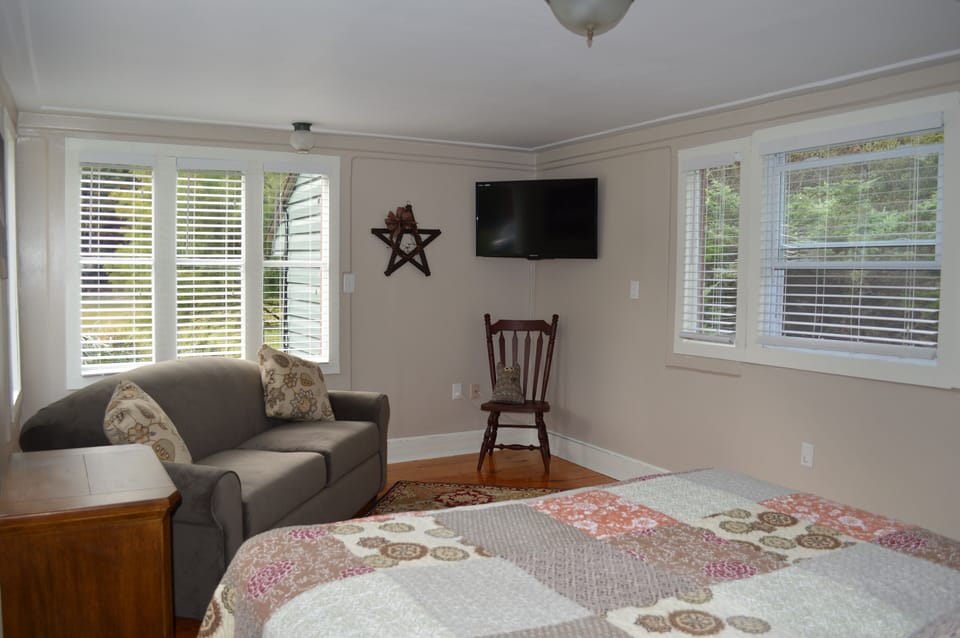 TV and sleeper sofa in  cottage.  It is fully heated.  Cooled by portable A/C.