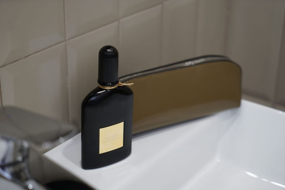 Shower, rainfall showerhead, designer toiletries, hair dryer