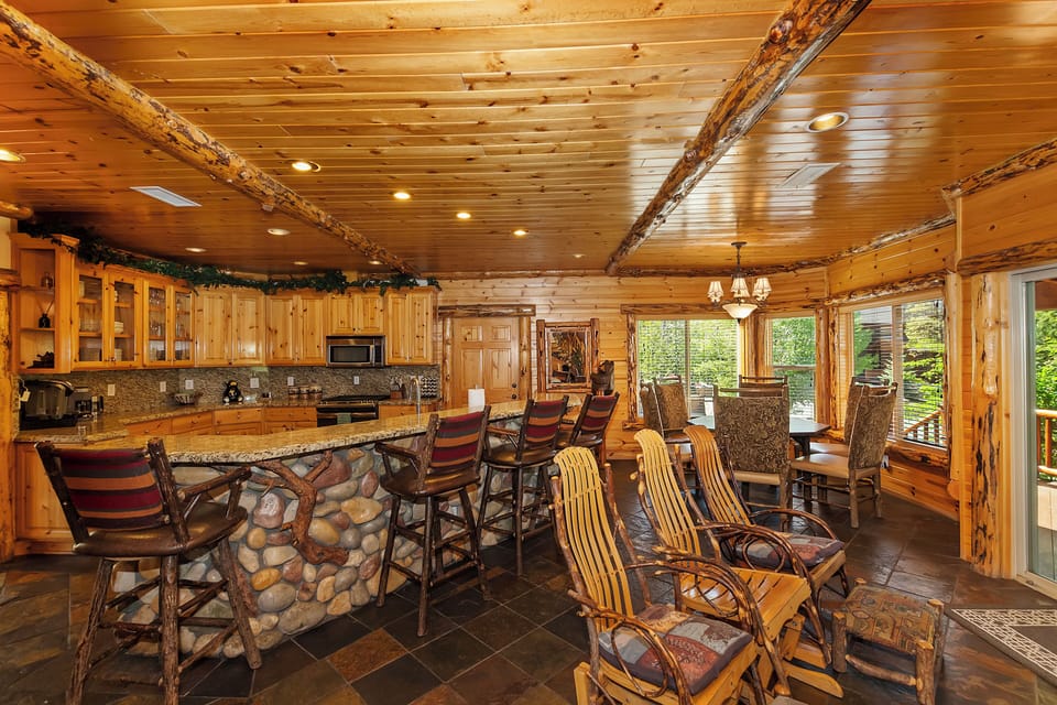 Rock and pine wood detail throughout