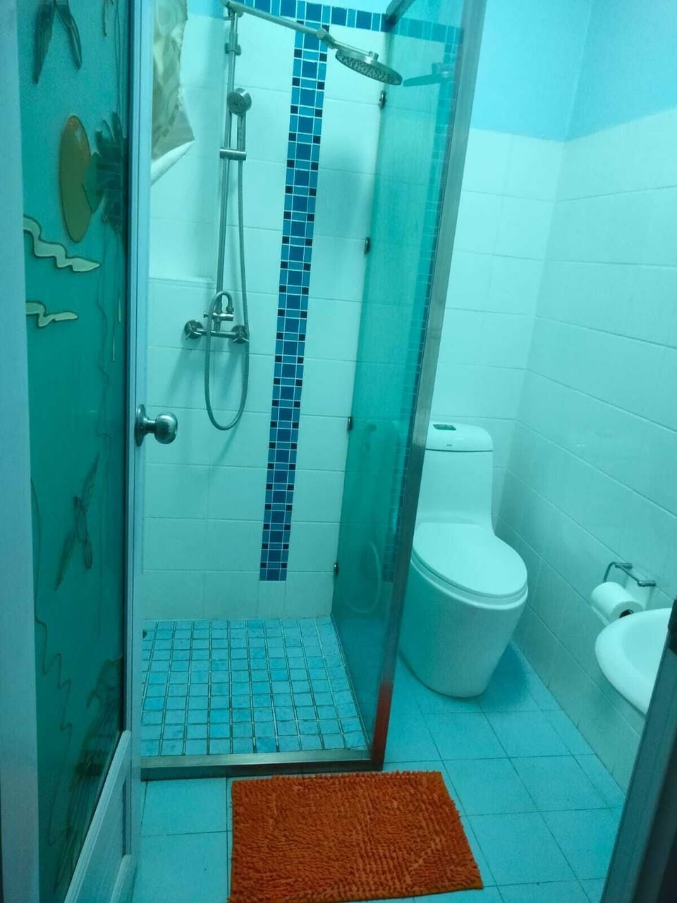 Shower, free toiletries, towels, soap