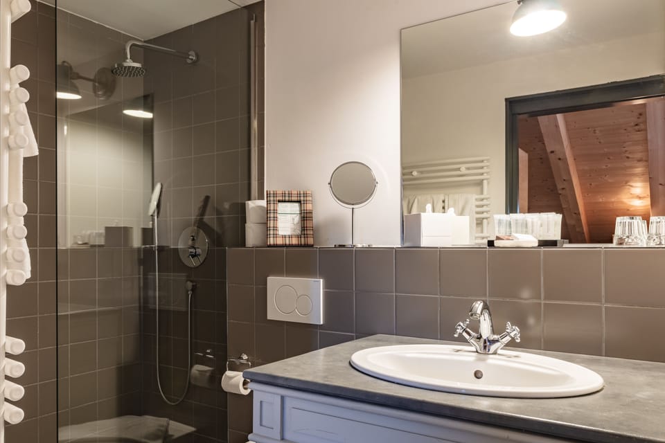 Separate tub and shower, free toiletries, hair dryer, bathrobes