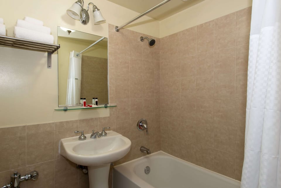 Combined shower/tub, eco-friendly toiletries, hair dryer, towels