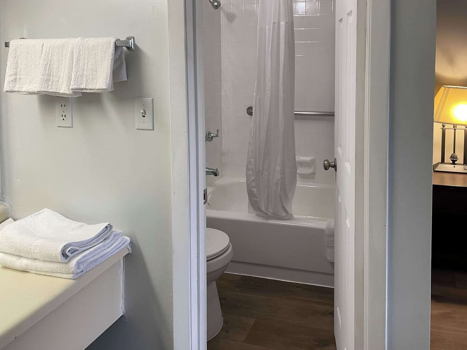 Combined shower/tub, free toiletries, towels
