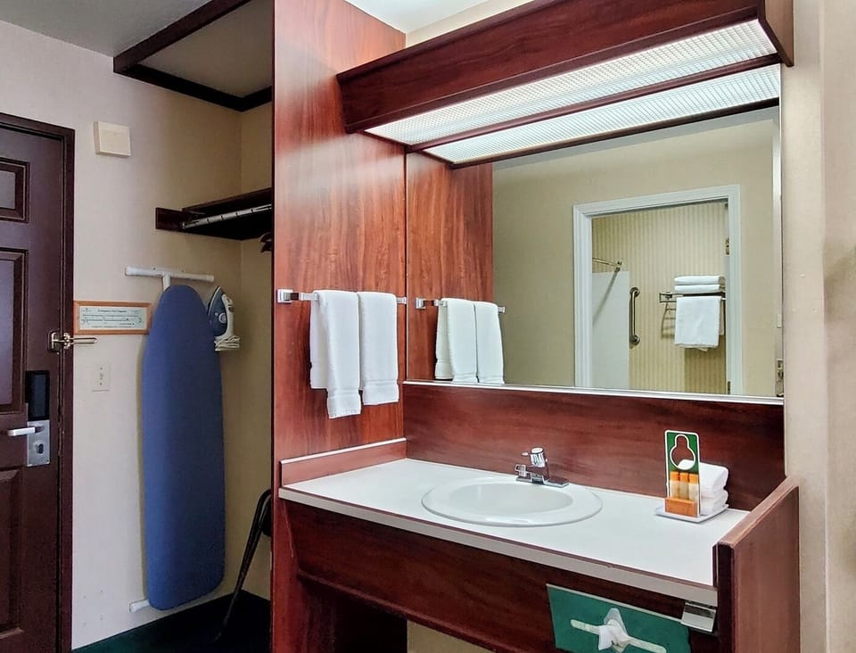 Combined shower/tub, free toiletries, hair dryer, towels