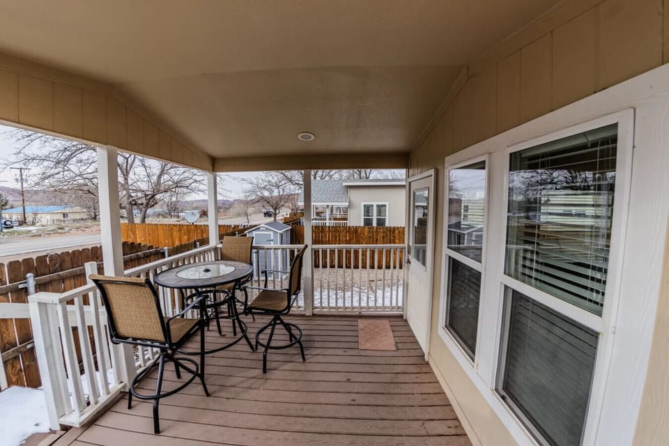 Patio seating area with scenic red rock views