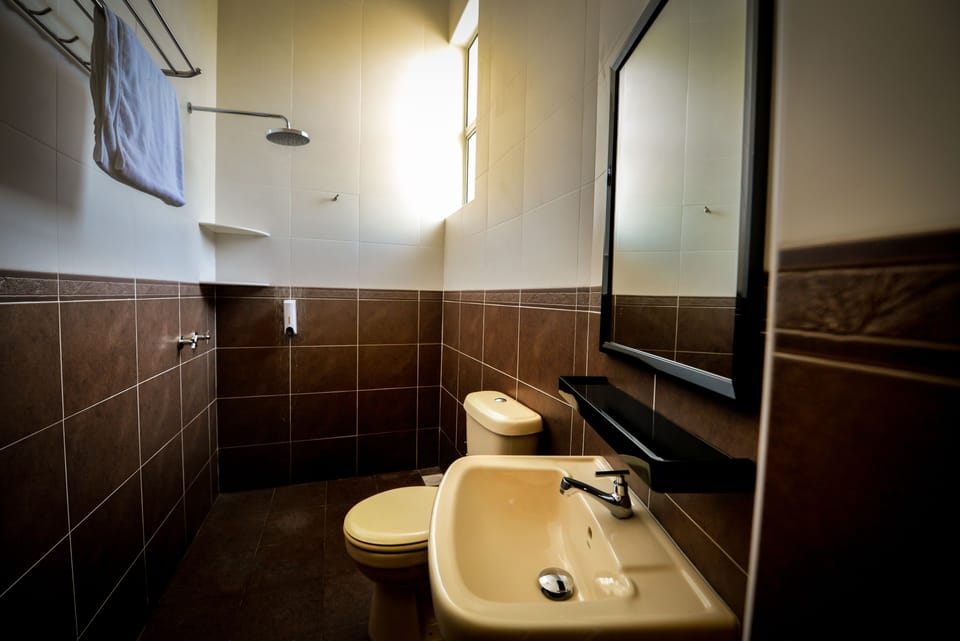 Shower, free toiletries, slippers, towels
