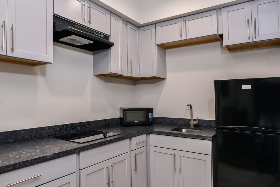 Fridge, microwave, stovetop