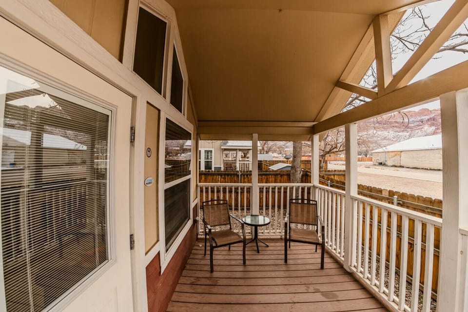 Patio seating area with scenic red rock views