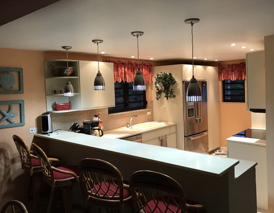 Kitchen countertop and view into kitchen