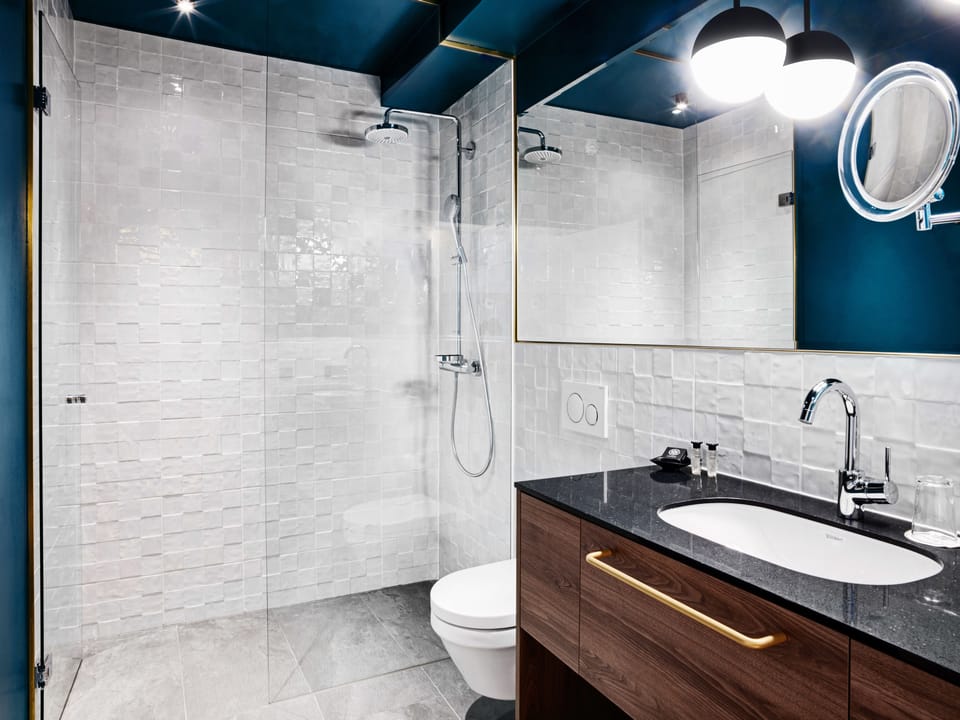 Shower, rainfall showerhead, free toiletries, hair dryer